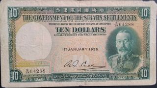 Straits Settlements $10 Dollars P 18 King George Kgv British Occupation " Tiger "