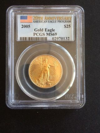 2005 Us Gold $25 Dollar American Eagle 1/2 Oz Pcgs Ms69 20th Anniversary Nr