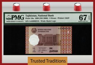 Tt Pk 10a 1999 Tajikistan - National Bank 1 Diram Pmg 67 Epq Gem Unc