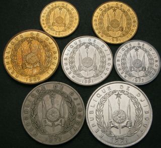DJIBOUTI 1,  5,  10,  20,  50,  100,  500 Francs 1977/1989/1991 - 7 coins - 3056 ¤ 2