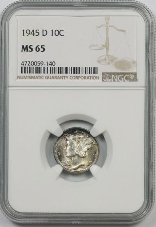 1945 - D 10c Ngc Ms 65 (toned) Mercury Dime