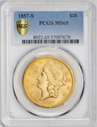 1857 - S Liberty Head $20 Pcgs Ms 65