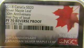 2018 Canada S$20 Silver Maple Leaf 30TH Anniversary First Day of Issue PF 70 RP 7