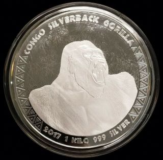2017 1 Kilo Congo Silverback Gorilla.  999 Silver Coin 10000 Francs In Capsule Bu