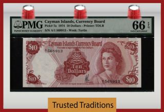 Tt Pk 7a 1974 Cayman Islands 10 Dollars " Queen Elizabeth " Pmg 66 Epq Gem 3 Of 7
