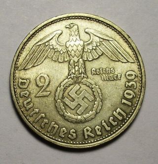 Germany 3rd Reich Silver 1939 D 2 Reichsmark Coin Nazi Swastika Hindenburg