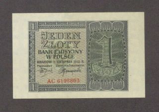 1941 1 One Zloty Poland Currency Unc Banknote Note Money Bank Bill Cash Wwii Ww2