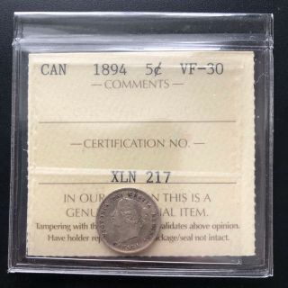 1894 Canada Silver 5 Cents Coin - Iccs Graded Vf - 30 - Trends At $150