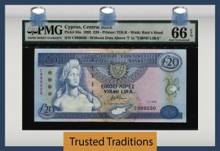 Tt Pk 56a 1992 Cyprus Central Bank 20 Pounds Pmg 66 Epq Gem Uncirculated