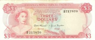Bahamas $3 Dollars Currency Banknote 1968 Xf/au