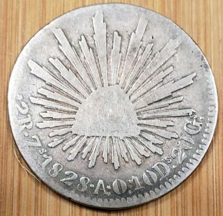 1828 Mexico 2 Reales Zs Ao Cap & Rays Silver Coin Zacatecas