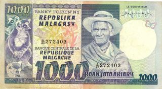 Madagascar 1000 Francs Currency Banknote 1977 Vf/xf