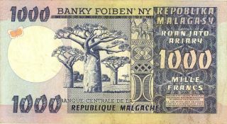 Madagascar 1000 Francs Currency Banknote 1977 VF/XF 2