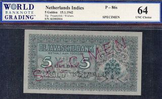 Netherlands Indies 5 Gulden Specimen Note P - 86s Nd 1942 Choice Unc