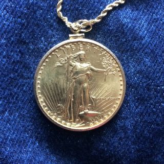 1986 One 1 Oz $50 Gold Coin American Eagle With 14k Chain & Bezel Authentic Real