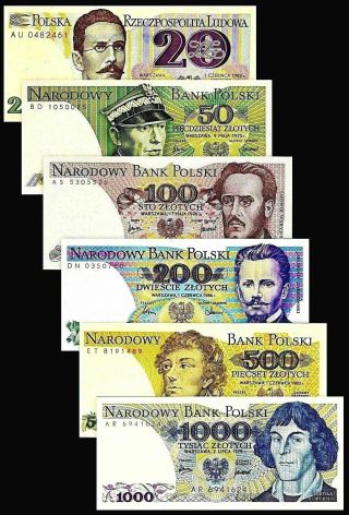 Poland 1982 - 88 20,  50,  100,  200,  500,  1000 Zlotych,  Banknote Set Of 6 Unc