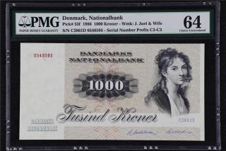 1986 Denmark Nationalbank 1000 Kroner Pick 53f Pmg 64 Choice Unc