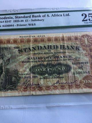 1938 Rhodesia Standard Bank Of South Africa Pick S147 VF25 4