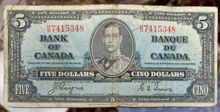 Bank Of Canada King George 1937 5 Dollar Banknote Coyne Towers H/s 7415348