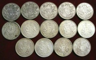 14 Canada Silver 50 Cents Half Dollar Coins Various Dates 1943 To 1965