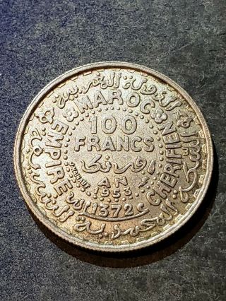 1953 Morocco Silver 100 Francs Near Uncirculated Coin 2