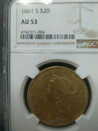 1861 - S $20 Liberty Head Gold Double Eagle (au - 53) Ngc Scarce Civil War Date Ty1