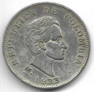 Colombia 1933 M 50 Centavos Silver Coin
