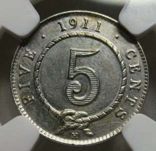 Sarawak Malaysia Borneo Rajah 5 Cents 1911 H Ngc Ms 61 Unc