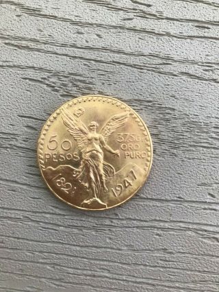 50 Pesos 1947 Mexican Gold Coin 37.  5g Oro Puro