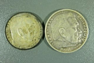 Germany 1939 2 Reichsmark & 1935 5 Mark Silver Coins