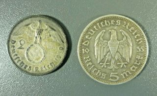 Germany 1939 2 Reichsmark & 1935 5 Mark Silver Coins 2