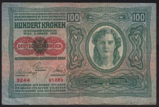 1912 Austria 100 Kronen 1919 Overprint Old Paper Money Banknote Currency P 56 Vf