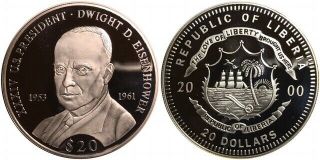 2000 Republic Of Liberia $20 Km 899 Dwight D.  Eisenhower Proof Coin.  999 Silver