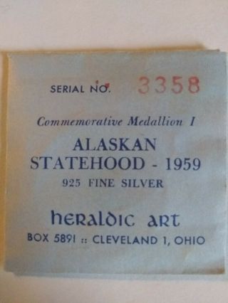 1959 Heraldic Art Alaska Statehood Silver Medal W/ Envelope,  Info Sheet & Mailer