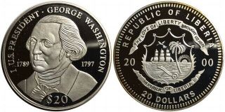 2000 Republic Of Liberia $20 Km 729 George Washington Proof Coin.  999 Silver