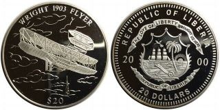 2000 Republic Of Liberia $20 Km 595 Wright 1903 Flyer Proof Coin.  999 Silver