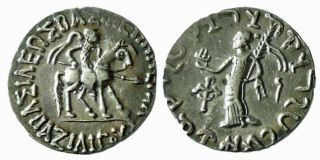 India/indo - Scythian 1cent.  Bc Azilises 4dr 9.  21g King On Horse/cityygoddess