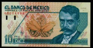 Mexico 10 Nuevos Pesos 10/12/1992 Emiliano Zapata Serie A A0004689 P 99 Unc