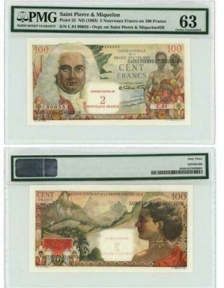 Saint Pierre & Miquelon - 2 Nouveaux Francs On 100 Francs Nd (1963),  Pmg 63