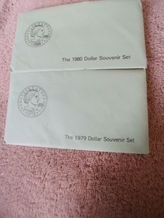 1979 & 1980 P D S Susan B Anthony Dollar Souvenir Set Green Envelope - Set Of 2