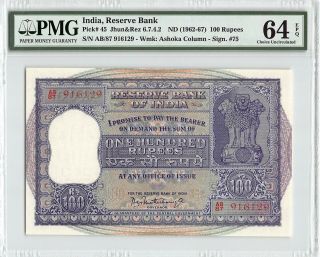 India Nd (1962 - 67) P - 45 Pmg Choice Unc 64 Epq 100 Rupees