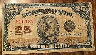 1923 Dominion Of Canada 25 Cents Paper Money Twenty Five Cents Bank Note