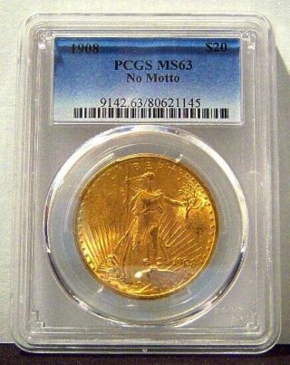 1908 No Motto $20 Saint - Gaudens Gold Double Eagle Pcgs Ms63