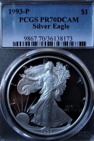 1993 - P 1oz Silver American Eagle Dollar - Pcgs Pr 70 Dcam
