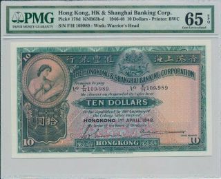 Hong Kong Bank Hong Kong $10 1948 S/no Xx9989 Pmg 65epq