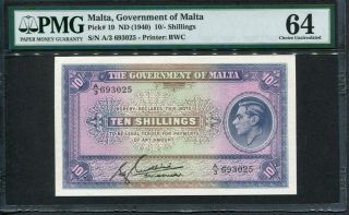 Malta 1940,  10 Shillings,  P19,  Pmg 64 Unc