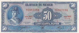 Au 1965 Mexico 50 Pesos Note,  Pick 49p