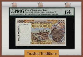 Tt Pk 811td 1994 West African States / Togo 1000 Francs Pmg 64 Scarcely Graded