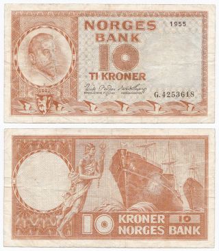 Norway,  10 Kroner 1955,  Pick 31b1,  F