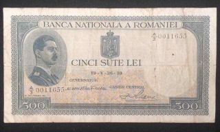 1939 Romania Very Rare 500 Lei Serie : A/3 0011655 (p 42b) - F -